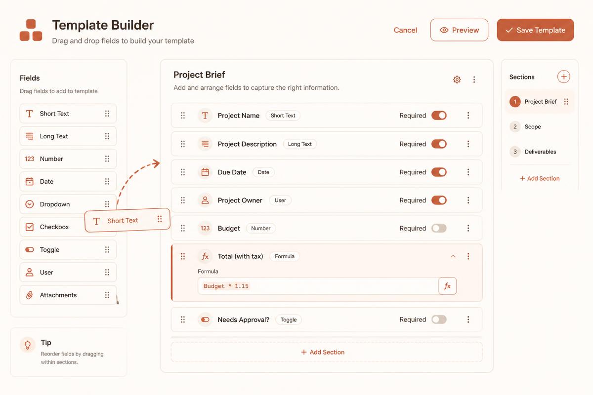 Template builder with drag and drop fields and a formula